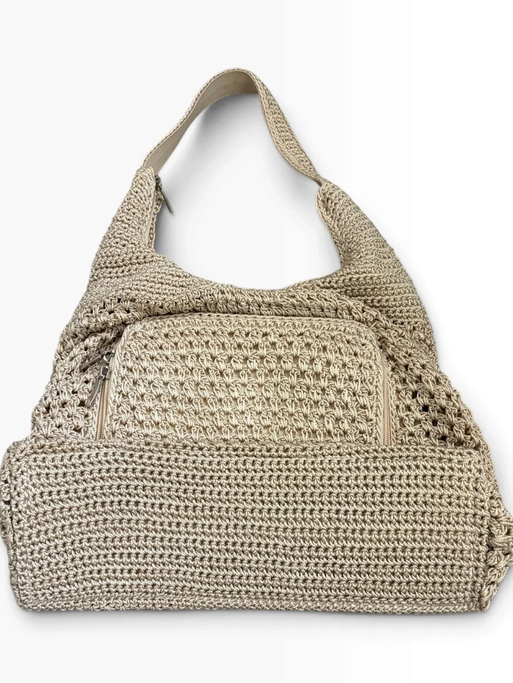 Beige Tan Crochet Knit Woven Hobo Bag Unique Boho Hippie Purse with Front Pocket